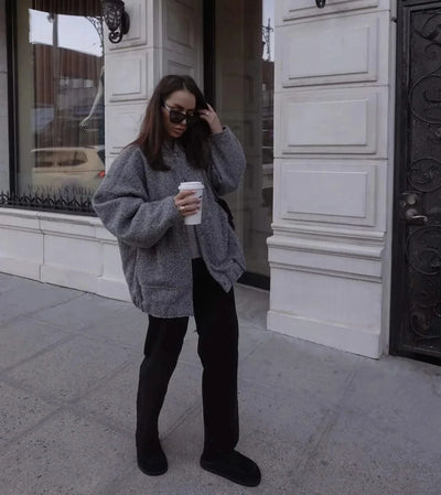 Woman's Oversized Bomber Jacket Autumn New Round Neck Long Sleeve Pocket Hidden Button Loose Jackets Coat Female Outerwear