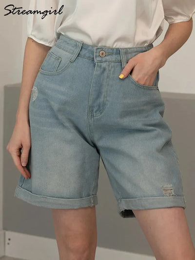Women Denim Shorts Ripped Wide Leg Black High Waist Short Jeans Straight Leg Blue Denim Shorts For Women Summer Jean Shorts