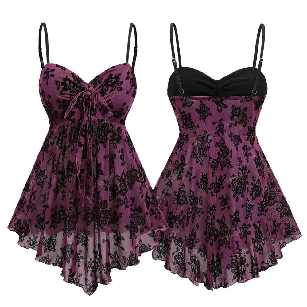 ROSEGAL Plus Size Gothic Camis Top for Women, Floral Mesh, Flocking Bowknot, Tied Asymmetric Top, Adjustable Shoulder Strap Vest