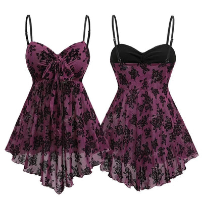 ROSEGAL Plus Size Gothic Camis Top for Women, Floral Mesh, Flocking Bowknot, Tied Asymmetric Top, Adjustable Shoulder Strap Vest