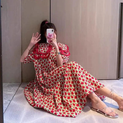 Summer Dress Women 2022 Chic Design Red Rose Print Peter Pan Collar Vintage Flowers Long Dress Puff Sleeve Maxi Cotton Dress