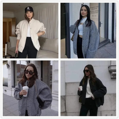 Woman's Oversized Bomber Jacket Autumn New Round Neck Long Sleeve Pocket Hidden Button Loose Jackets Coat Female Outerwear