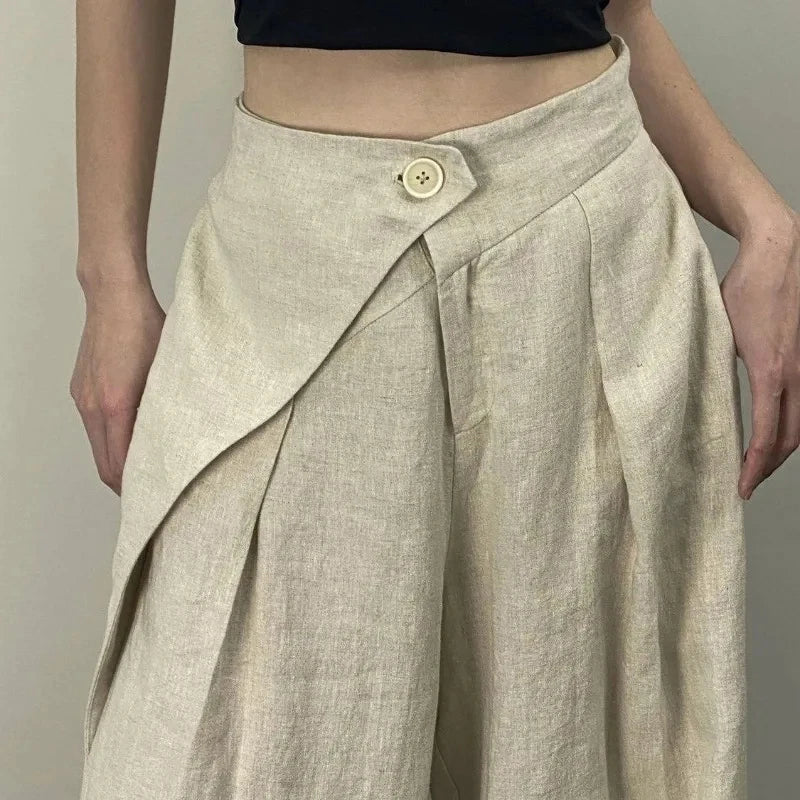Streetwear Wide Leg Pants Women Fashion Pleated Linen Baggy Pants Summer Korean High Waist Casual Design Straight Trousers New