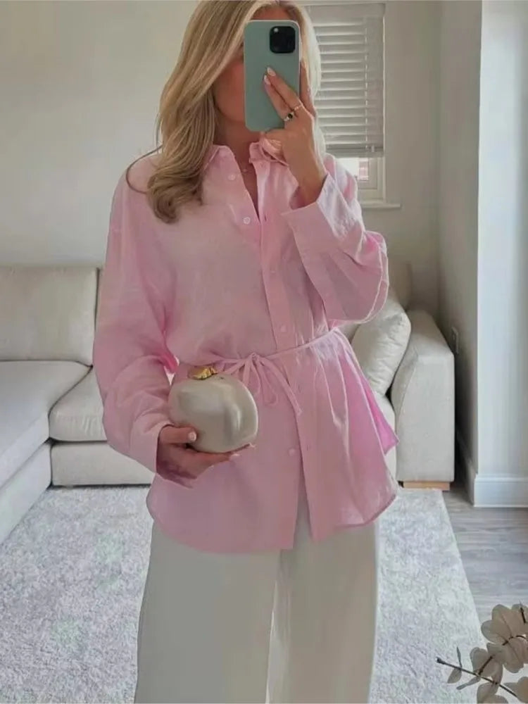 White Shirt For Women Fashion Cotton And Linen Loose Lace Up Blouse Spring Summer 2025 New Long Sleeve Simple Casual Shirts Lady