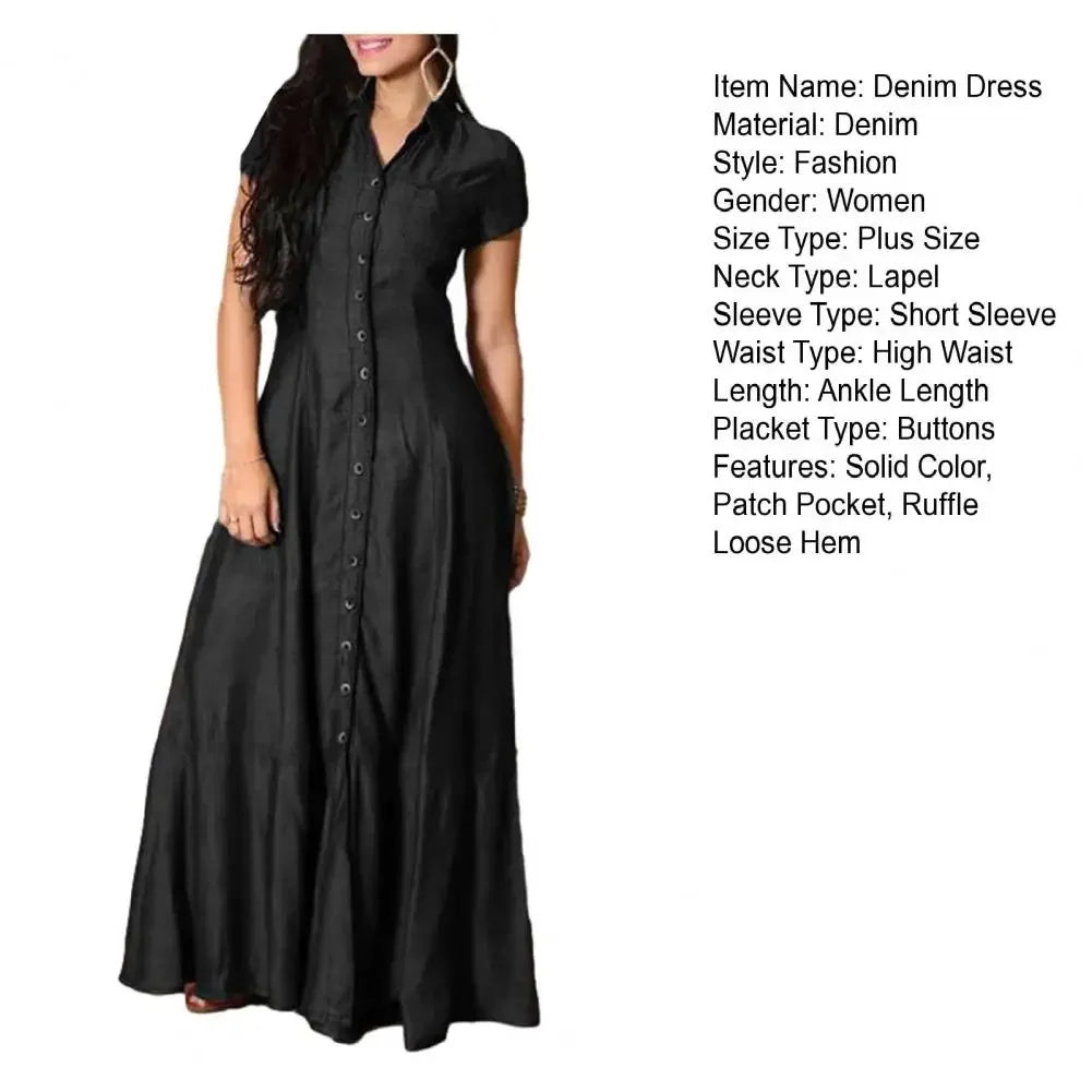 Women Denim Dress Elegant Denim Dress with Ruffle Hem Patch Pockets Women's A-line High Waist Long Dress for Casual or Formal