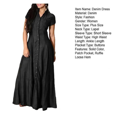Women Denim Dress Elegant Denim Dress with Ruffle Hem Patch Pockets Women's A-line High Waist Long Dress for Casual or Formal