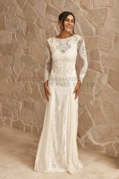 Boho Wedding Dresses 2025 Long Sleeve Backless Lace Appliques Chiffon Sheath Bohemian Bridal Gowns Beach Bride Dress Customized