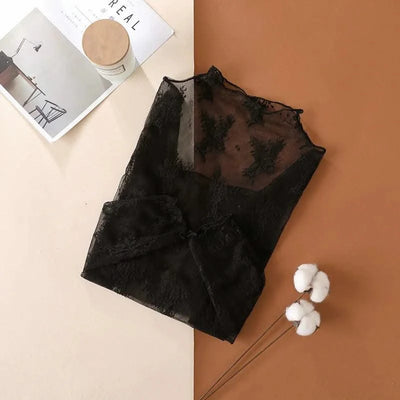 Women Mesh T-Shirts Transparent Lace Blouse Long Sleeve See Through Tops