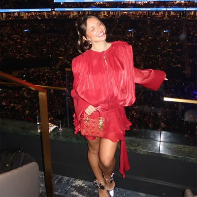 Ruffles Mini Dress Women Lace Up  V Neck Long Sleeve Pleated Female Dresses 2025 Elegant Summer Autumn Street Loose Ladies Robes