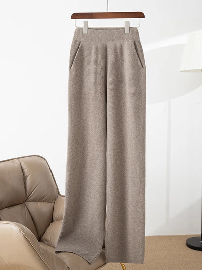 100% merino wool women's knitted trousers, fashionable, warm, drawstring, pockets, wide-leg pants, new autumn and winter 2024
