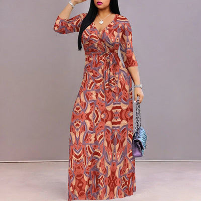 Boho Tropical Flowers Graphics Dresses for Women V Neck Maxi Dress Flowy 3/4 Sleeve with Belt