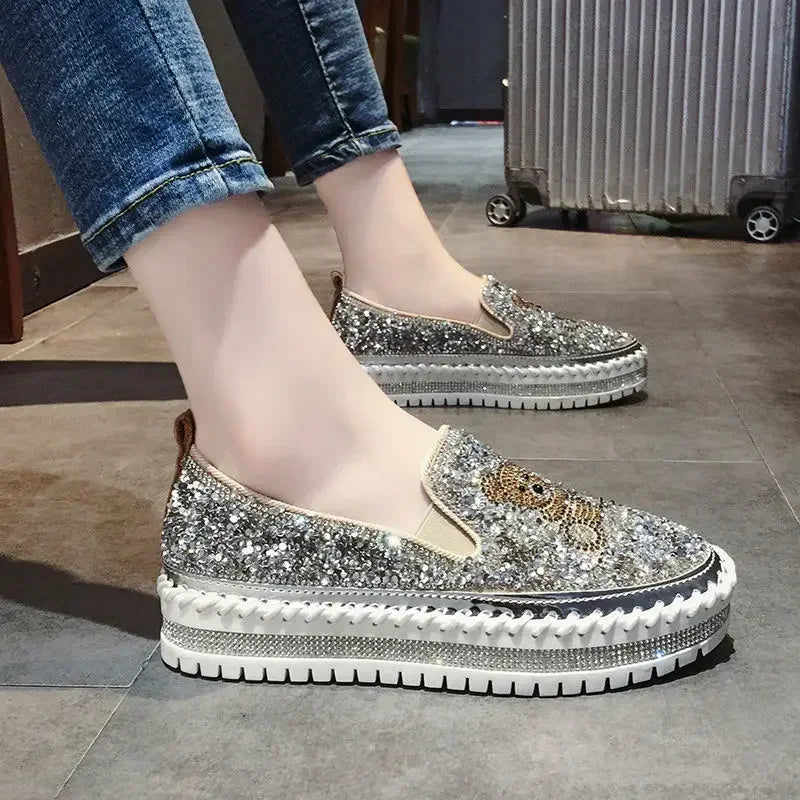 Autumn Women Thick Bottom Sneaker Running Fashion Designer Woman Shoes Trend 2024 Casual Canvas Mirror Luxury Rhinestone Spring