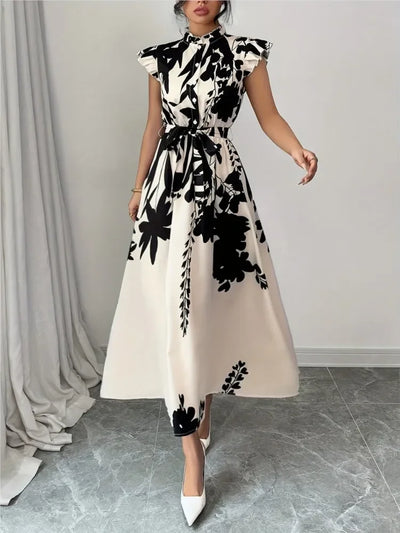 Summer Dress Women Flower Floral Print Fashion Elegant Ladies Dresses Slim High Waist Ruffle Pleated Woman Dress