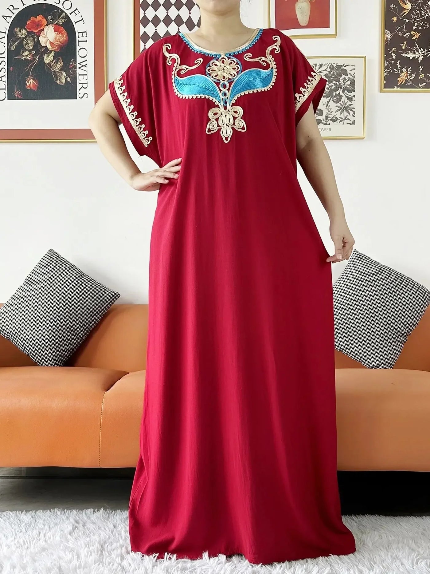 New Dubai Lady Party Summer Solid Cotton Dress with Scarfs African Dashiki Women Maxi Cotton Embroider Loose Vestidos