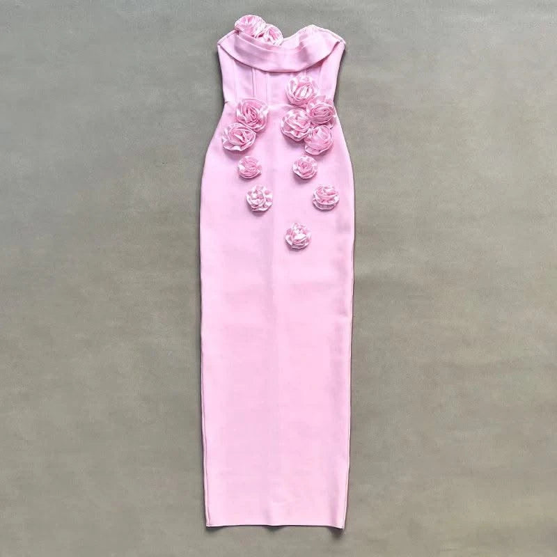 Pink Red Color Women Sexy Strapless Off the Shoulder Florals Bodycon Long Bandage Dress Celebrate Fashion Evening Party Outfit