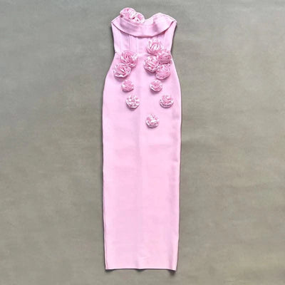 Pink Red Color Women Sexy Strapless Off the Shoulder Florals Bodycon Long Bandage Dress Celebrate Fashion Evening Party Outfit