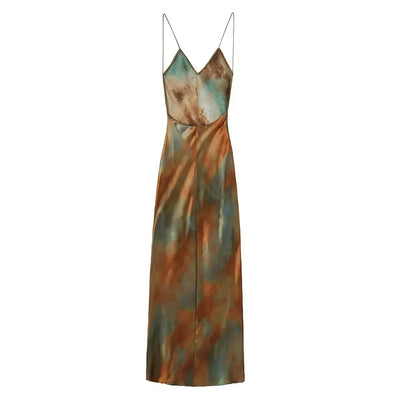 French Style Women Midi Dresses Summer Spaghetti Strap Elegant Party Female Clothes Wedding Bridesmaid printed  Satin Dress