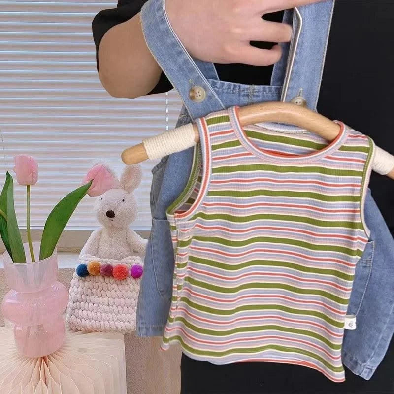 Kids Summer Clothes Toddler Girls Cute Outfits Striped Vest + Denim Straps Baby Girls Suits Children's Clothing