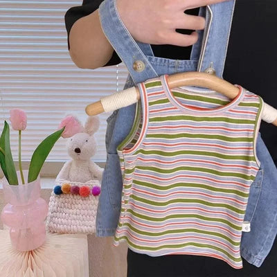 Kids Summer Clothes Toddler Girls Cute Outfits Striped Vest + Denim Straps Baby Girls Suits Children's Clothing