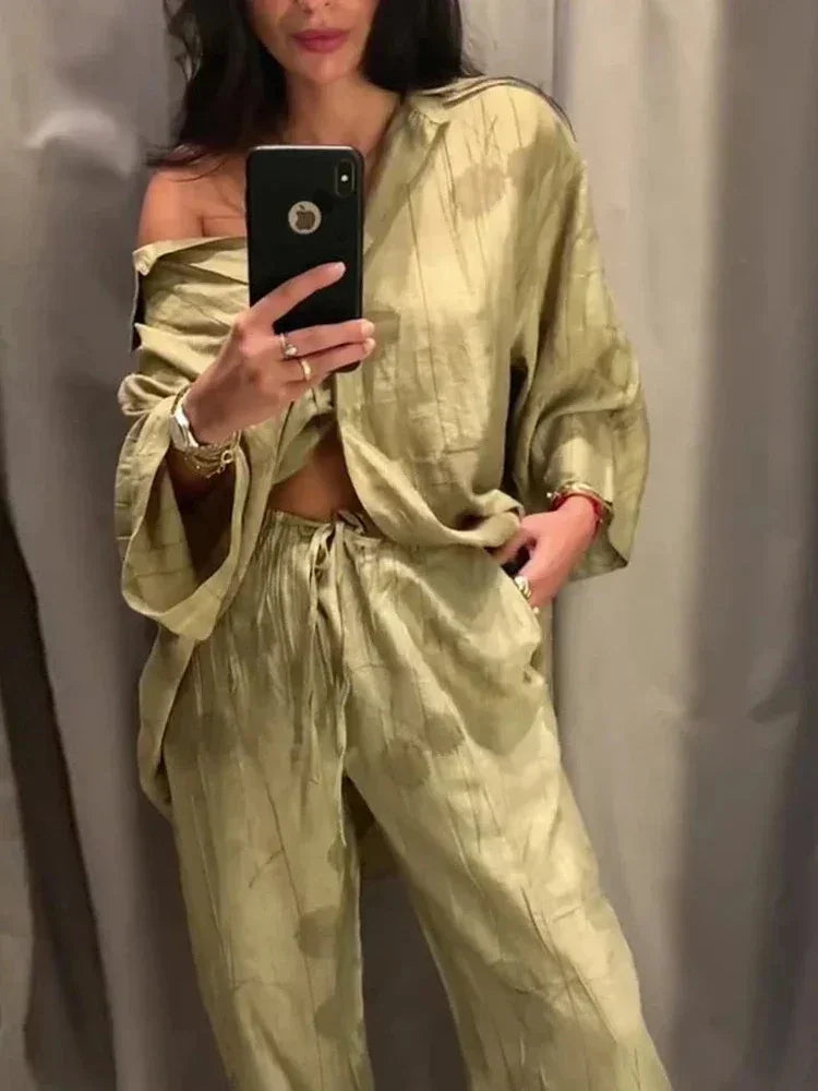 Women's Jacquard Oversized Shirt Trousers Short Sleeves Suit Lapel Shirt High Waist Elastic Straight Leg Pants Chic Female Set