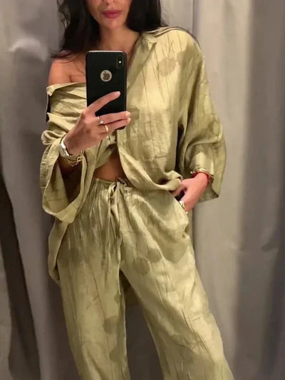 Women's Jacquard Oversized Shirt Trousers Short Sleeves Suit Lapel Shirt High Waist Elastic Straight Leg Pants Chic Female Set