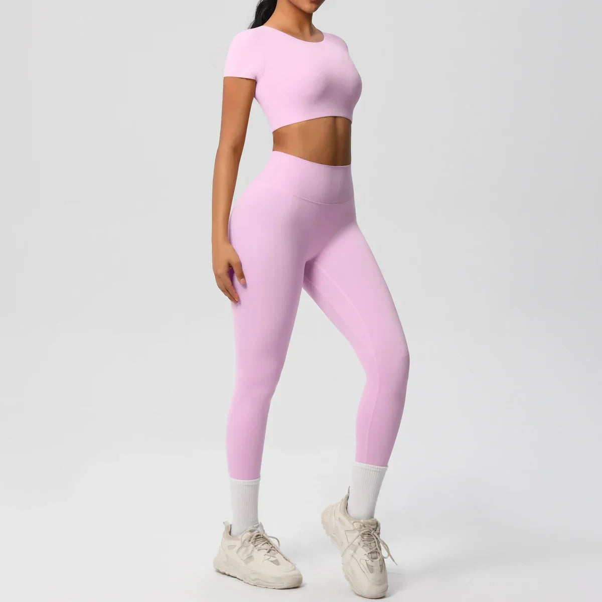 Yoga Set 2 Pieces Women Tracksuits Workout Sportswear Gym Clothing Fitness Short Sleeve With Padded High Waist Leggings Suits