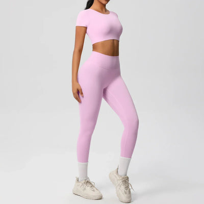 Yoga Set 2 Pieces Women Tracksuits Workout Sportswear Gym Clothing Fitness Short Sleeve With Padded High Waist Leggings Suits