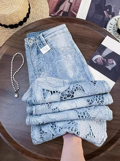 Summer Women Lace Floral Embroidery Wide Leg Denim Pants Spliced Loose Fit High Waist Hollow Out Jeans Streetwear Long Trousers