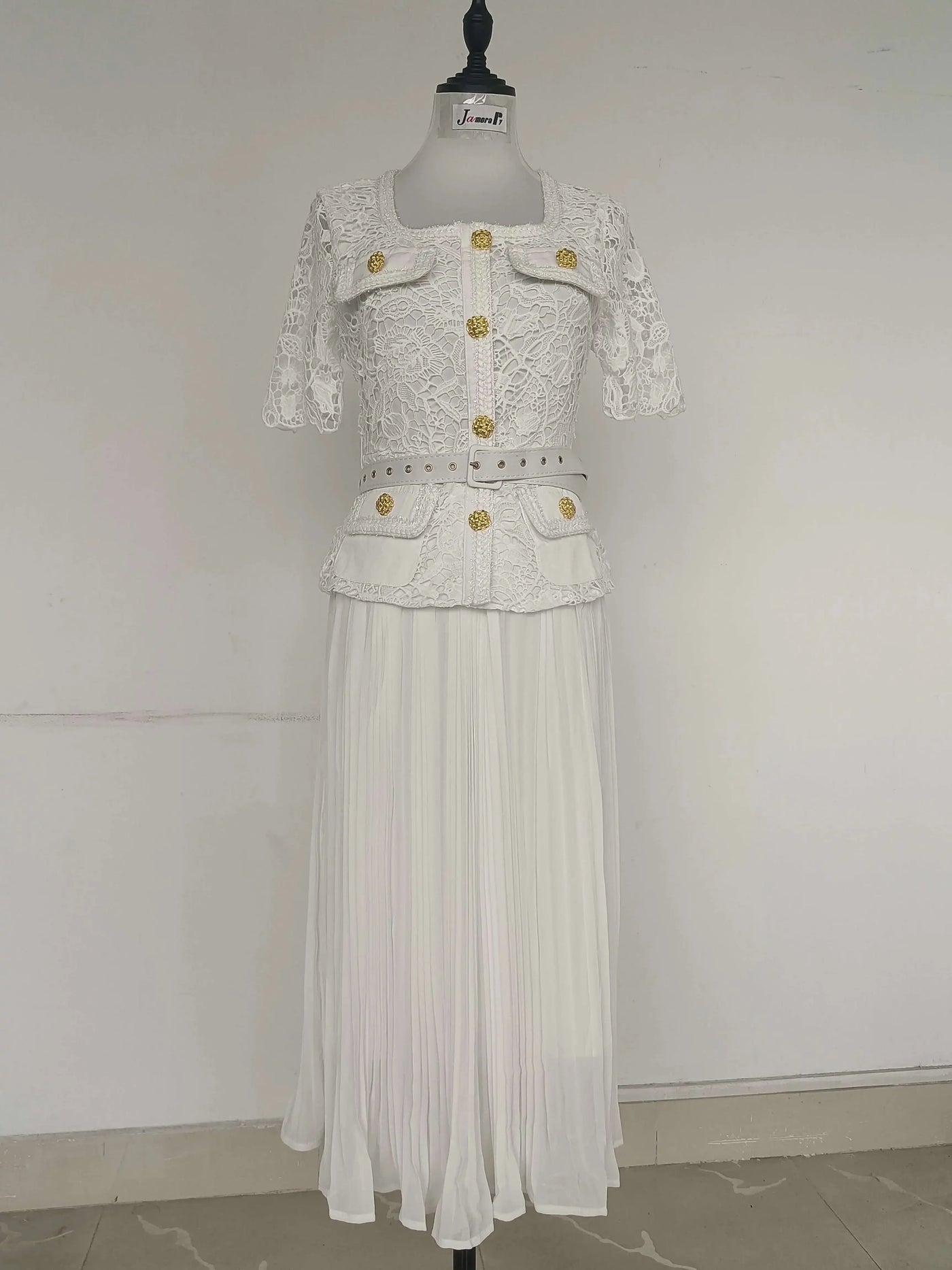 Luxury Evening Dress Women Summer Vacation Short Sleeve Pleated Lace Chiffon Long Dresses White Single Breasted Midi Party Robe