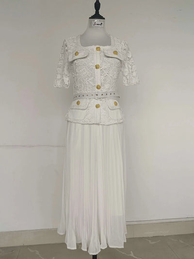 Luxury Evening Dress Women Summer Vacation Short Sleeve Pleated Lace Chiffon Long Dresses White Single Breasted Midi Party Robe