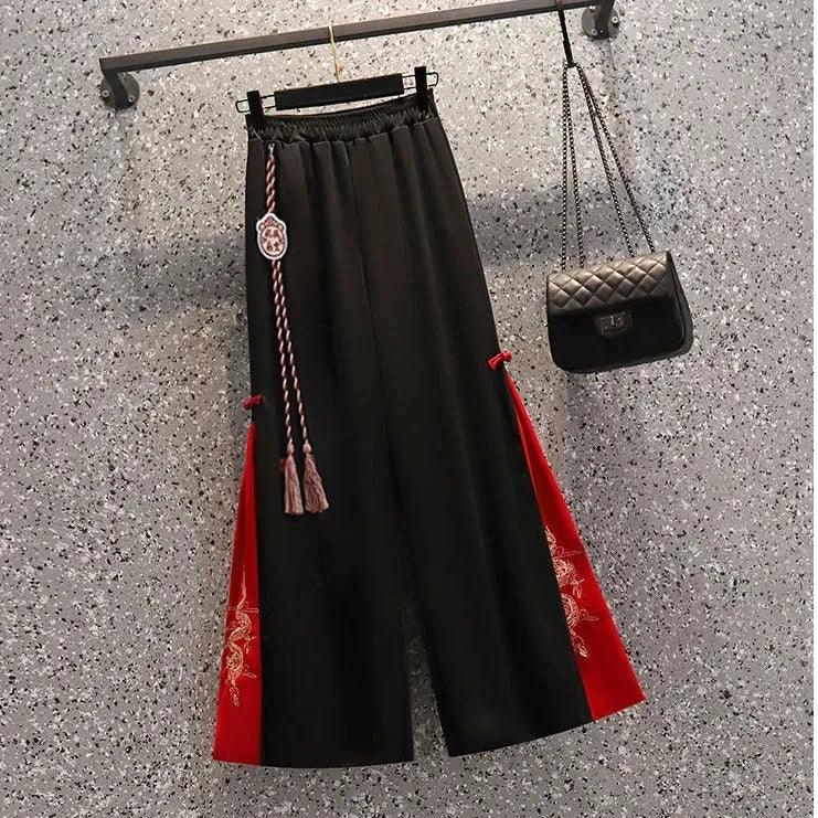 Fashion Women Trousers High Waist Wide Leg Pants Chiffon Slit Culottes Cheap Wholesale Elastic Waist Cropped Pants Free Shipping