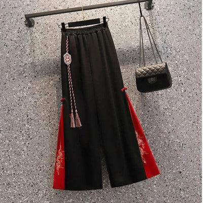 Fashion Women Trousers High Waist Wide Leg Pants Chiffon Slit Culottes Cheap Wholesale Elastic Waist Cropped Pants Free Shipping