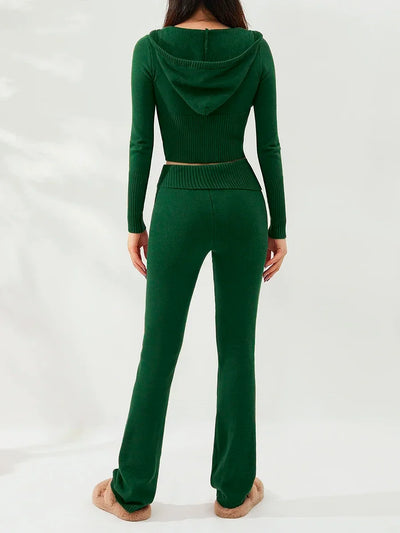 Women Tracksuit  Knit Lounge Set Long Sleeve Zip Up Hoodie with High Waist Wide Leg Pant 2 Piece Sweater Ensemble Casual Set