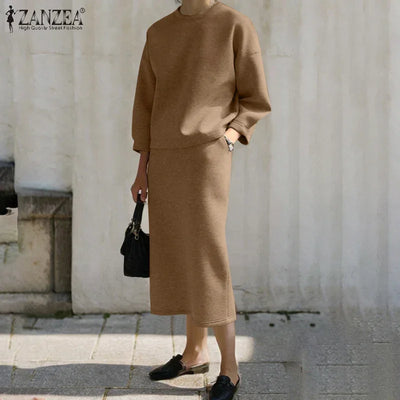 Stylish Women Tracksuits Spring 2pcs Outfits Solid Work Matching Sets 2025 ZANZEA Casual Long Sleeve Blouse Dress Suits Oversize