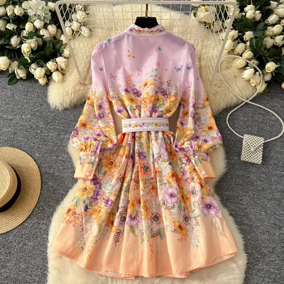 TWOTWINSTYLE Floral Printted Chic Dress For Women O Neck Long Sleeve Patchwork Sashes Temperament Dress Female Fashion KDR523818