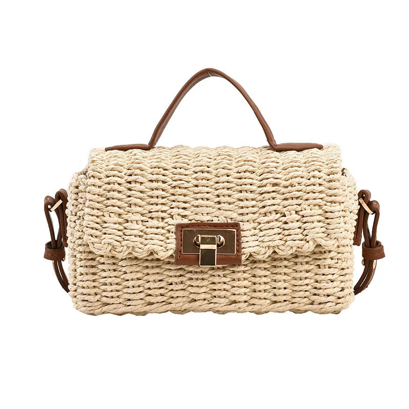 Handmade Women's Shoulder Bag Summer Straw Beach Bag Bohemian Female Handbags Fashion Square Flap Lock Designer Shopper Purse