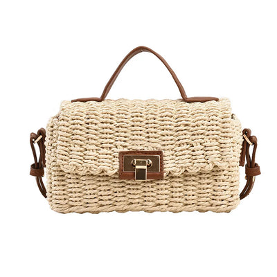 Handmade Women's Shoulder Bag Summer Straw Beach Bag Bohemian Female Handbags Fashion Square Flap Lock Designer Shopper Purse