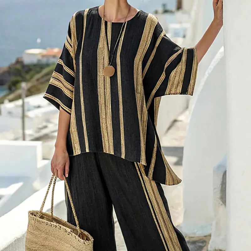 Women Summer Loungewear Suits Printing Loose Wide Leg Pants 2PCS Matching Set Half Sleeve O-Neck Pullover Top Outfit Streetwear