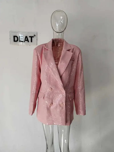 DEAT Fashion Women's Blazer Notched Collar Double Breasted Sequins Full Sleeves Pink Suit Jackets Autumn 2025 New Tide 7AB643