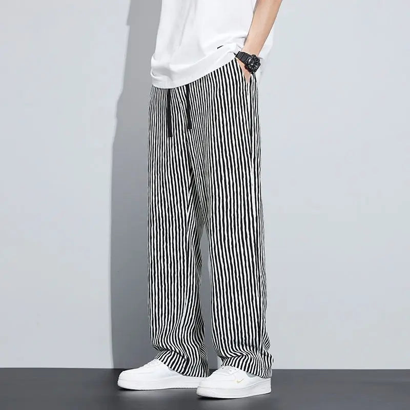 New Men's Trousers with a Sense Design Featuring Unique Stripe Pattern Hanging Wide-leg Loose Straight Casual Long Pants