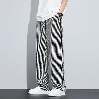 New Men's Trousers with a Sense Design Featuring Unique Stripe Pattern Hanging Wide-leg Loose Straight Casual Long Pants