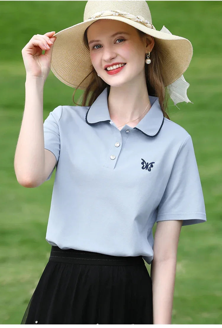 I BELIEVE YOU Blue Polo Collar T-shirt Top for Women Summer 2025 Butterfly Embroidered Breathable Short Sleeve Tees 2252015969