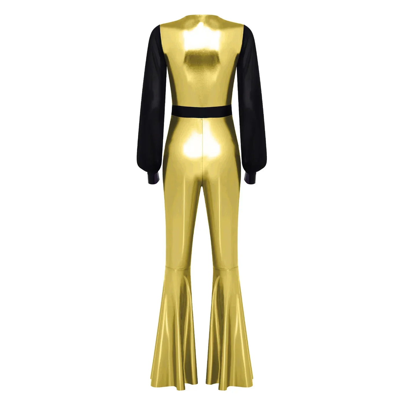 Womens Vintage 70s 80s Disco Dance Jumpsuit Mesh Long Sleeve Bell Bottom Pants Metallic Shiny Rompers Bodysuit Halloween Costume