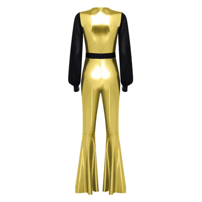 Womens Vintage 70s 80s Disco Dance Jumpsuit Mesh Long Sleeve Bell Bottom Pants Metallic Shiny Rompers Bodysuit Halloween Costume