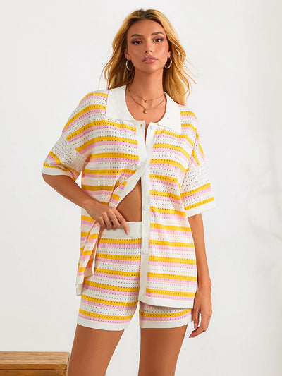Women Pajamas Set 2 Pieces Loungewear Suits Summer Striped Contrast Color Button Crochet Knit Tops and Shorts Lounge Sets Beach