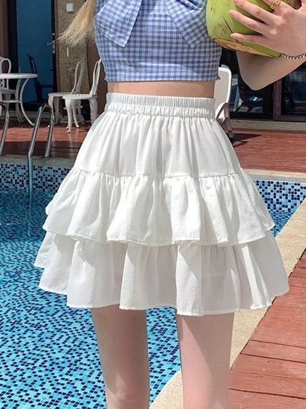 Pleated A-Line Skirt Women White Ruffle Sweet Tierred Pretty Style Skirt Elastic Waist Summer Slim Basic Korean Harajuku Dress