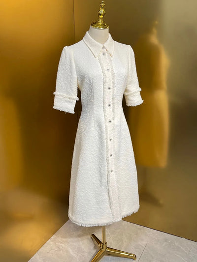 HIGH QUALITY Luxury Designer Autumn Women Cotton Blend  Elegant Tweed Shirt Midi Dress Short Sleeve In White Runway Fashion 2024