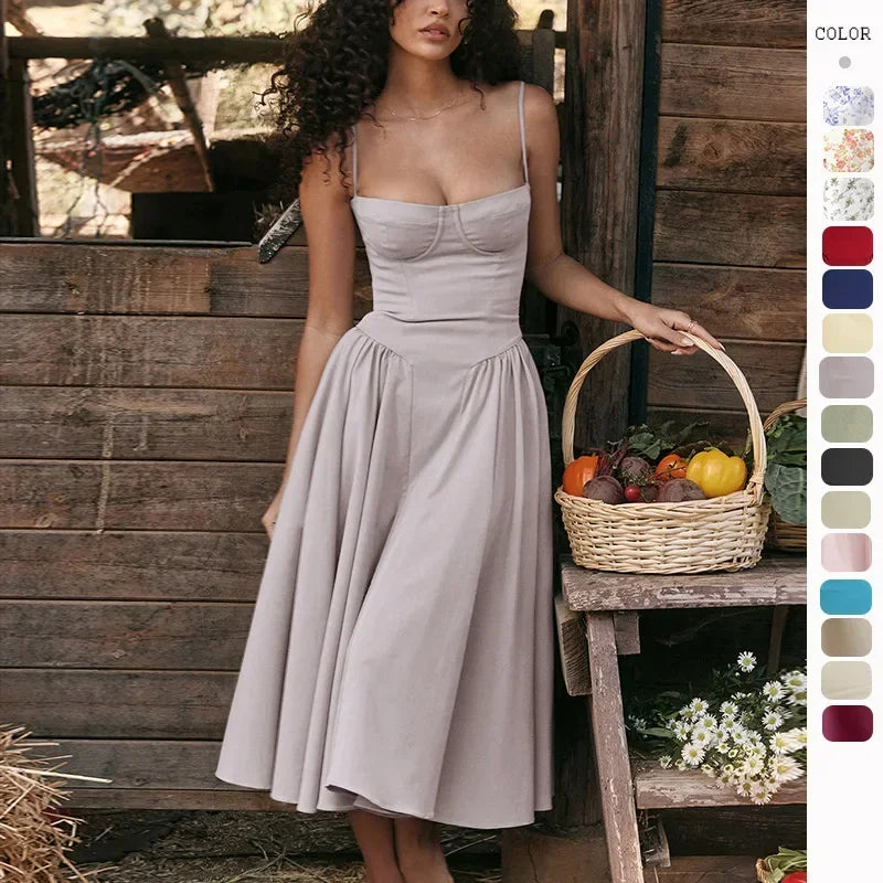 Summer Long Dresses for Women French Retro Spaghetti Straps Dress Corset Slim Sexy Elegant Classy Flower Print  Backless Dresses