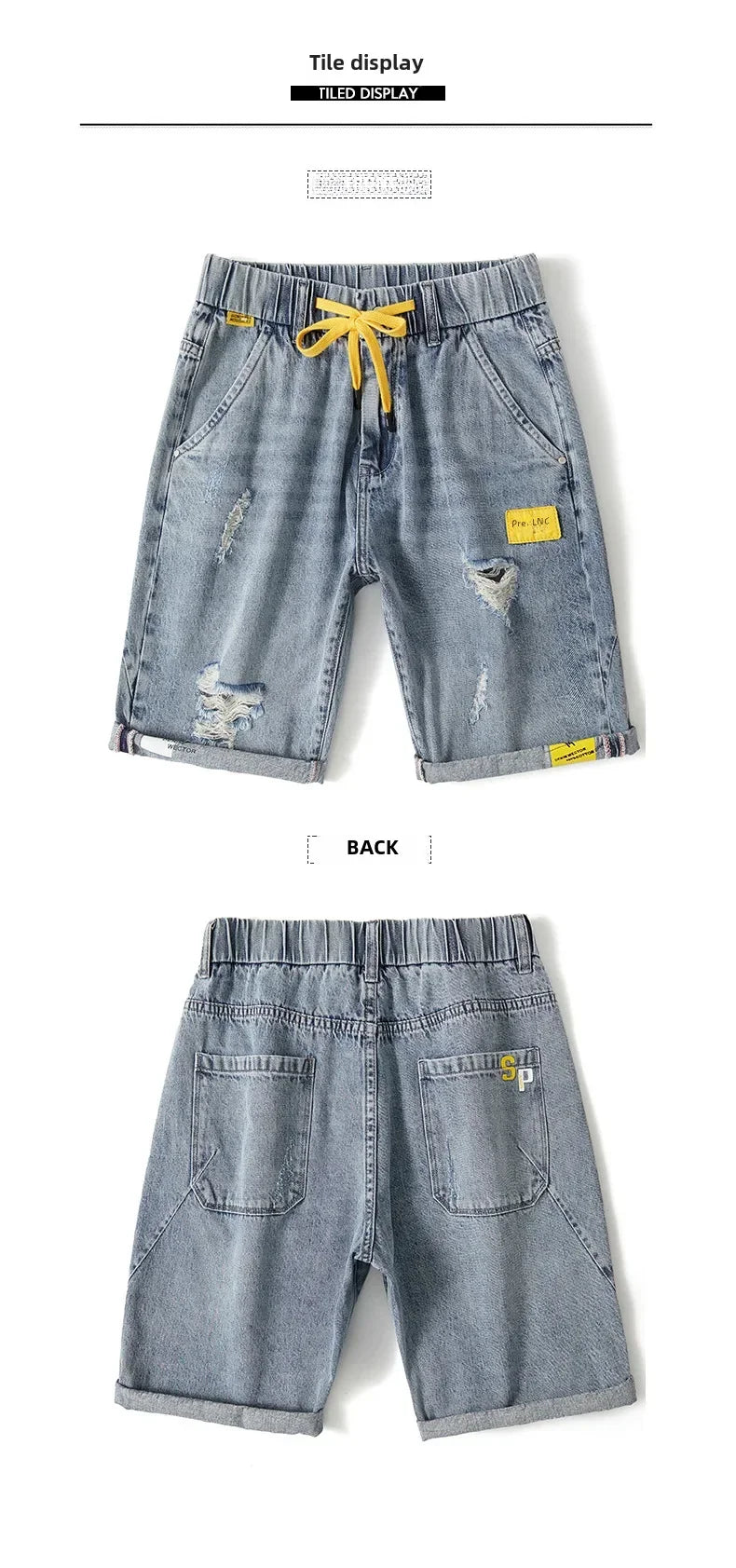 Summer Denim Shorts For Men Trendy Ripped Elastic Waist Loose Fit Casual Jeans 5 Minute Length Middle Pants