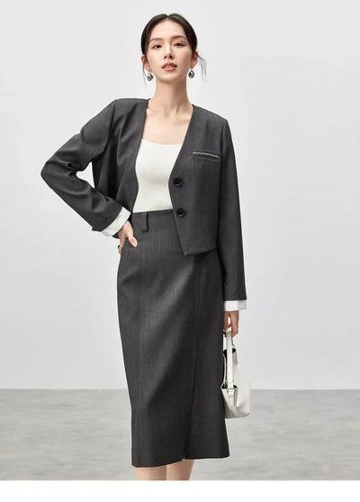 SENTUBILA Two Piece Skirt Sets Women Outfits 2025 Spring Office Ladies V Neck Grey Blazer Jackets Straight Slit Skirt 143Z56241